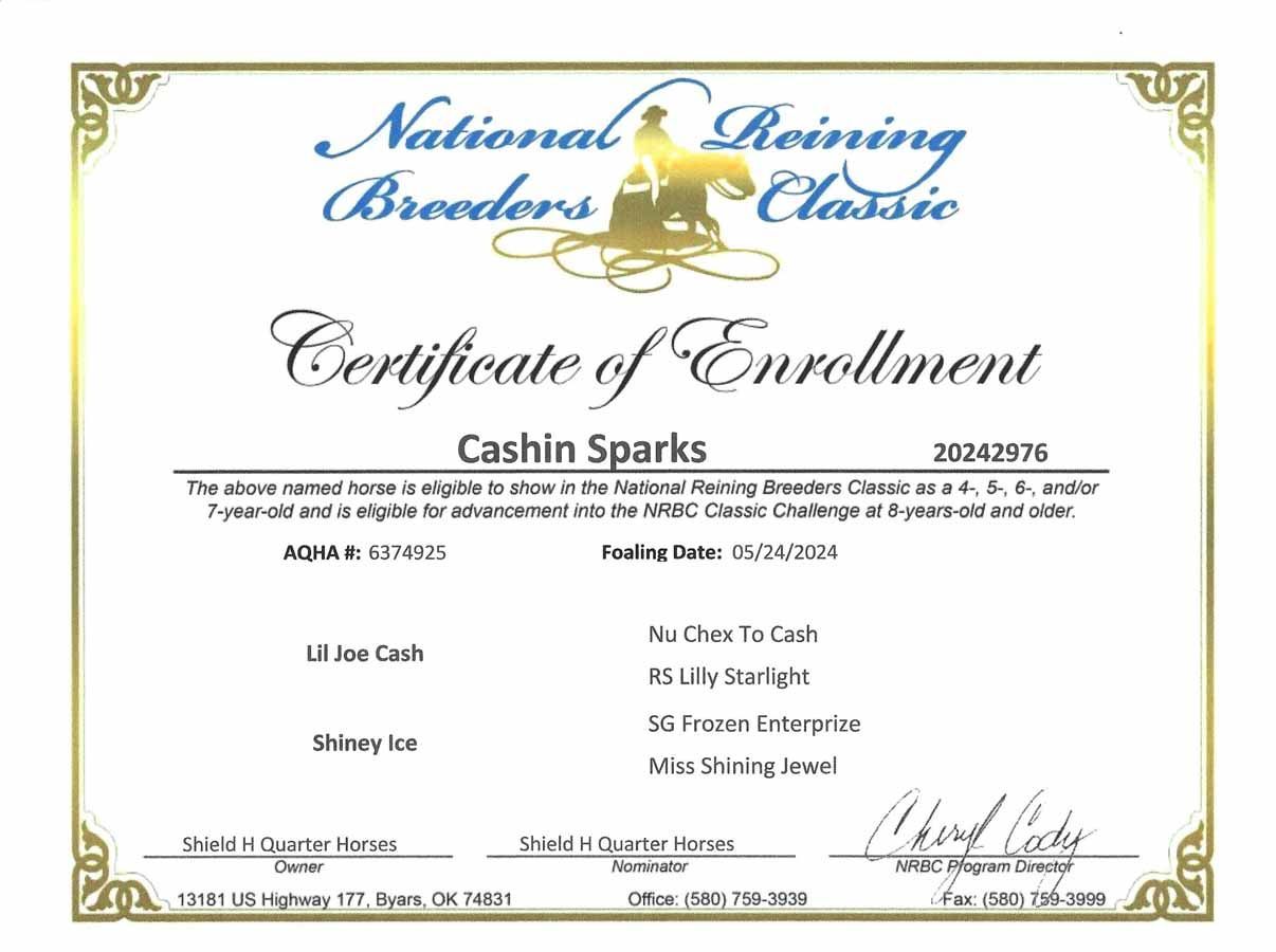 Certificate of Enrollment for Cashin Sparks from National Reining Breeders Classic, white with gold border