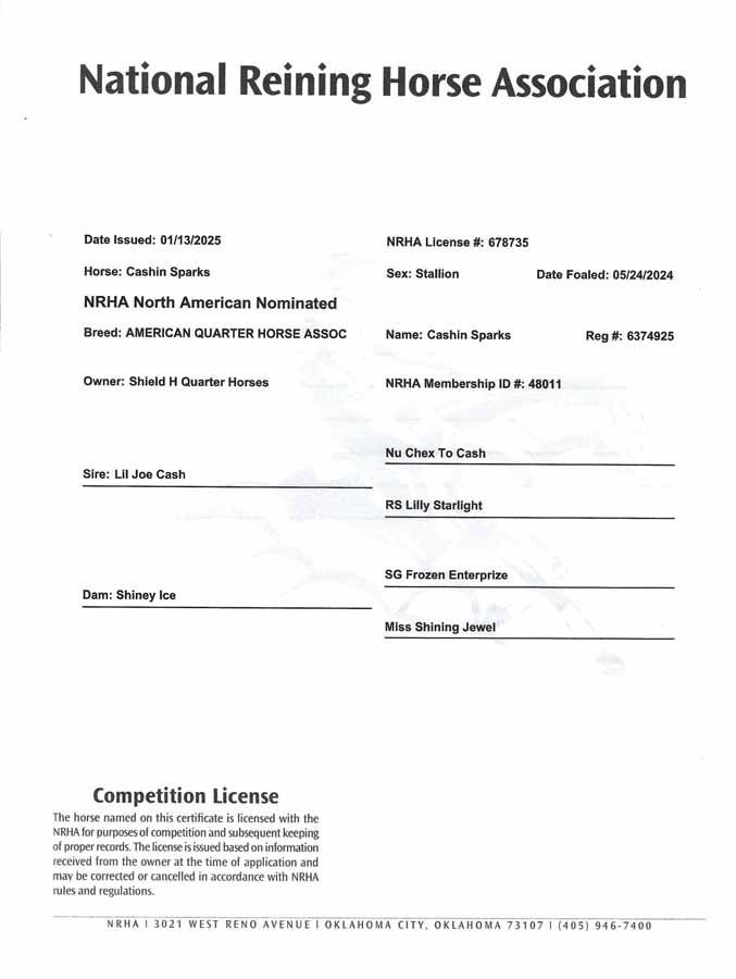 National Reining Horse Association competition license form with blank fields and signature lines