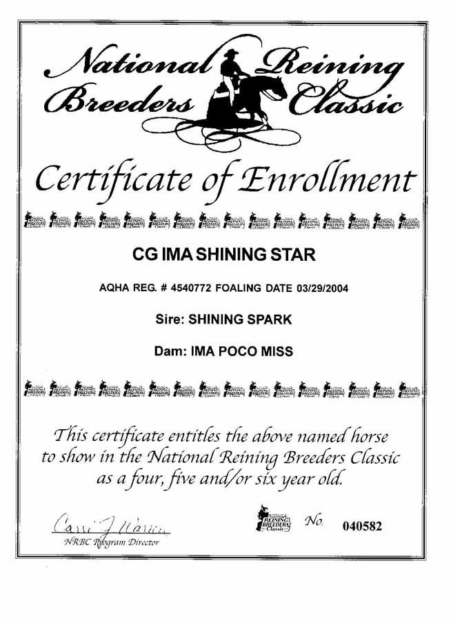 National Reining Breeders Classic certificate of enrollment for CG Ima Shining Star with horse logo