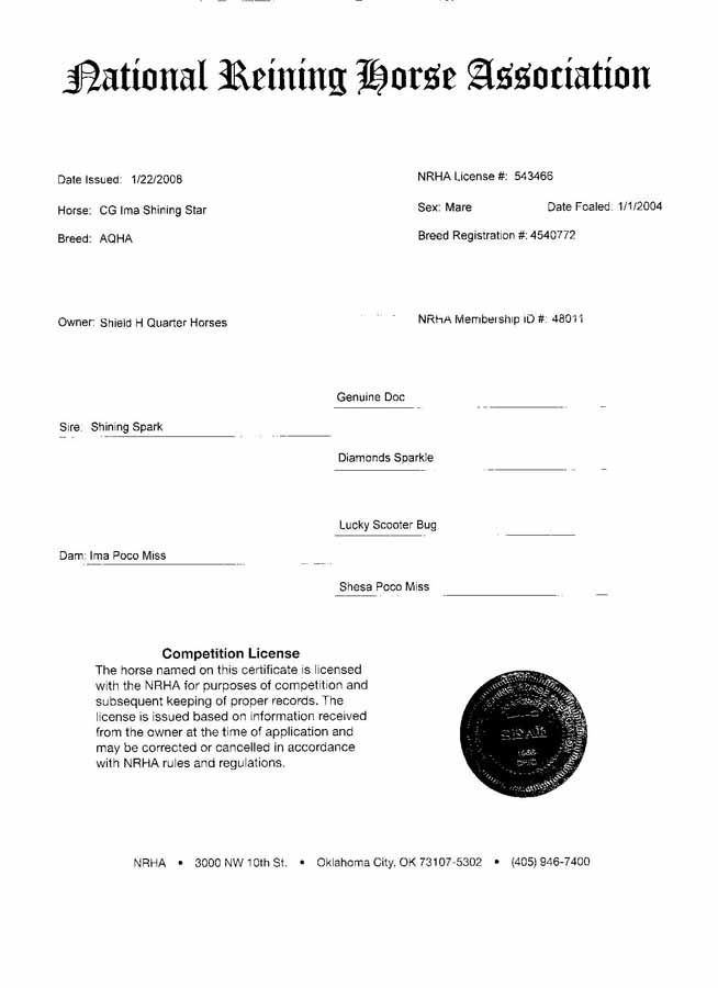 National Reining Horse Association certificate form with seal and signature lines on white paper
