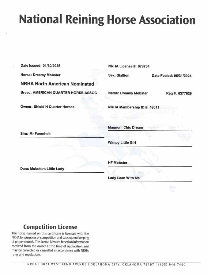 National Reining Horse Association competition license form with fields and signatures