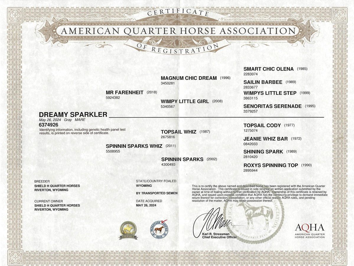 American Quarter Horse Association certificate with gold seal and signatures on cream paper