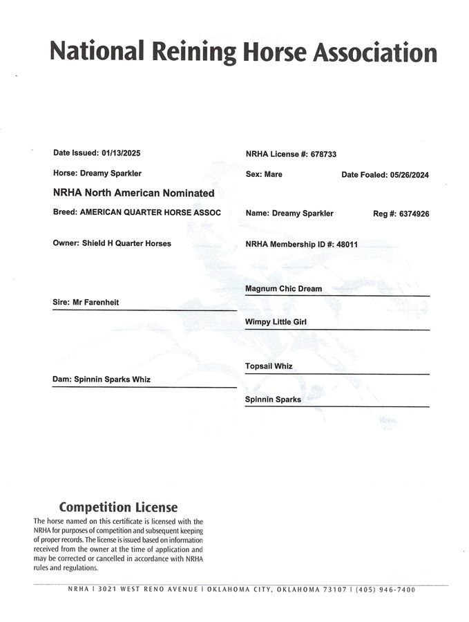 National Reining Horse Association competition license form with fields and fine print