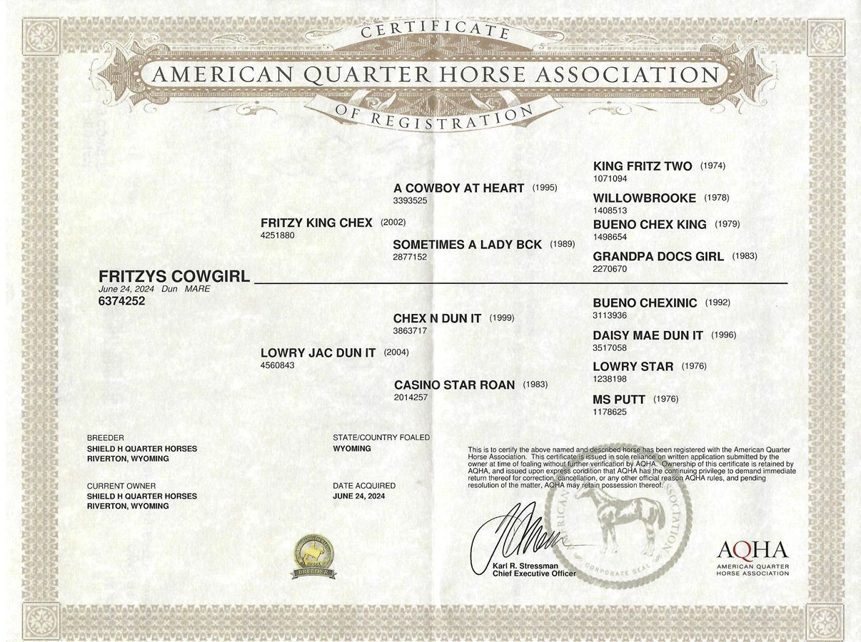 American Quarter Horse Association certificate with text, signatures, and seal on a light background
