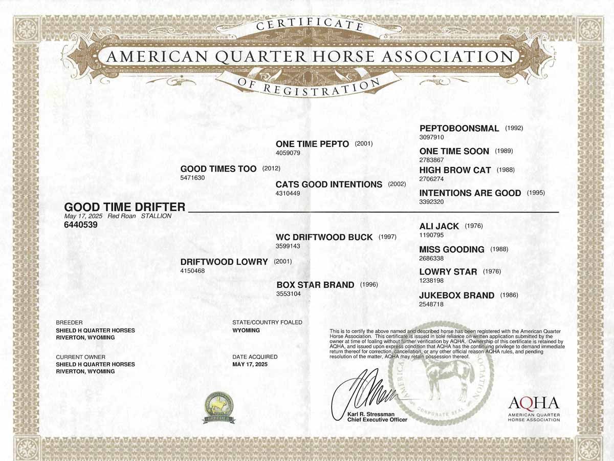 American Quarter Horse Association registration certificate with horse details and official stamps