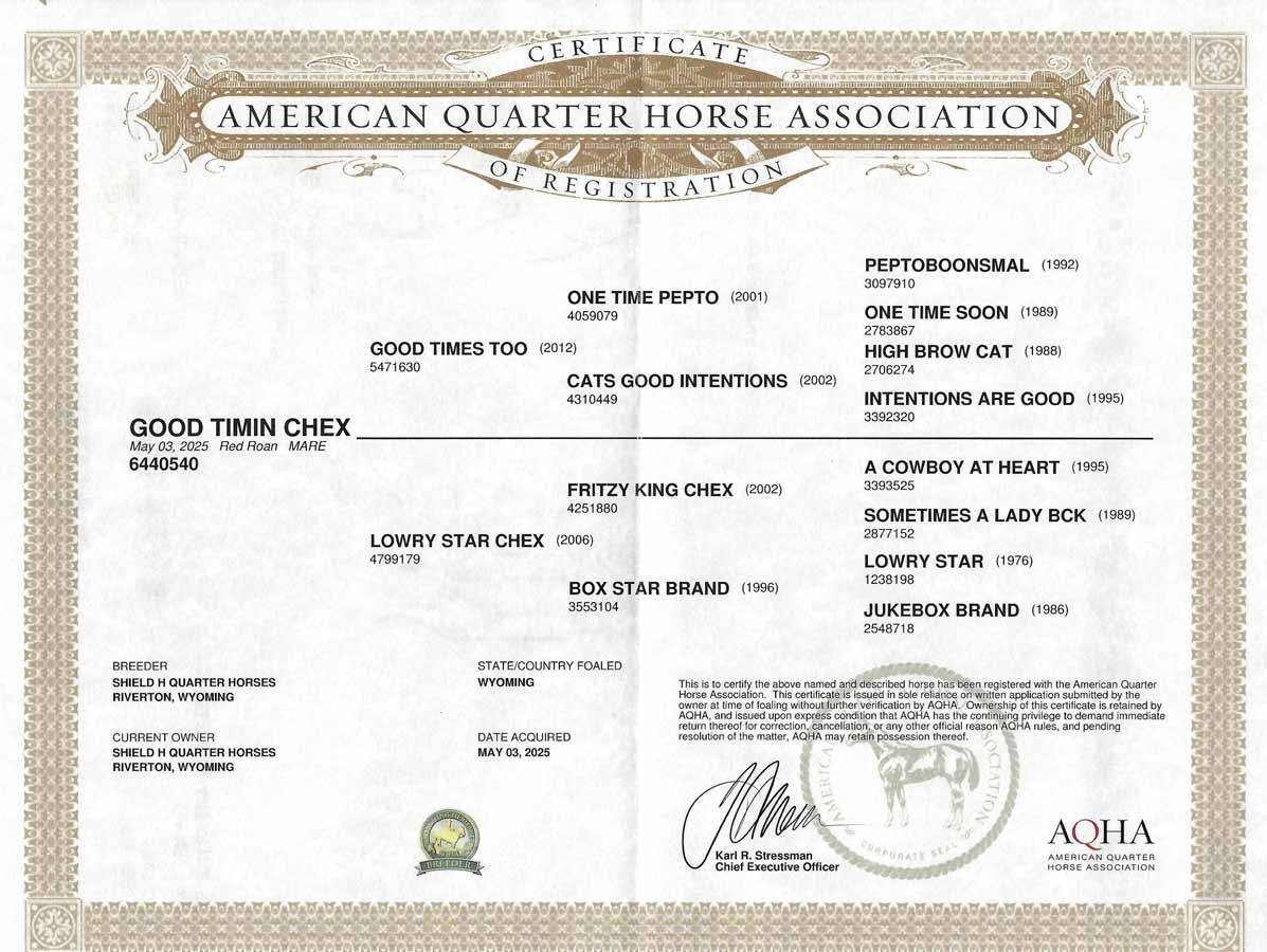 AQHA good-til-cancelled check certificate with black text and signature on a white background