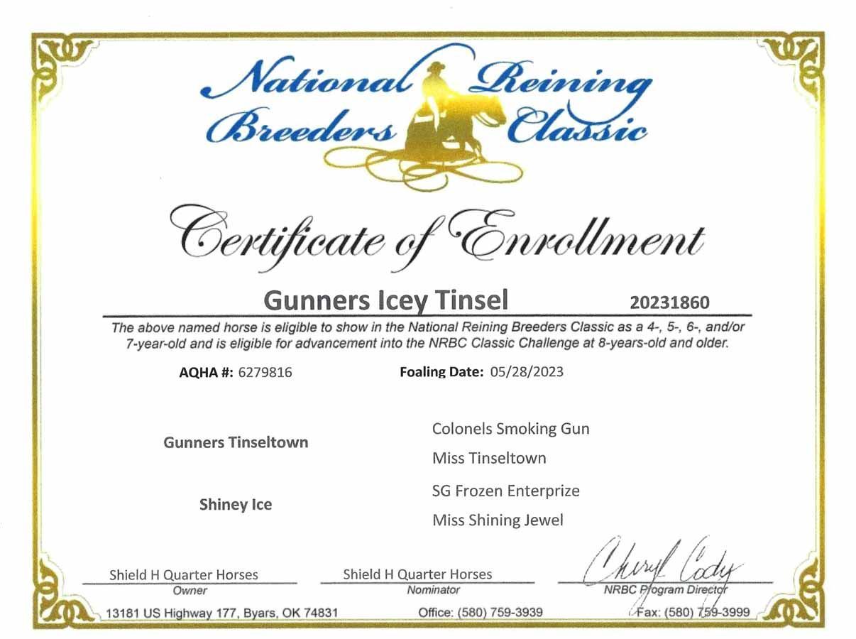 Certificate of enrollment from National Reining Breeders Classic with gold border and blue title text