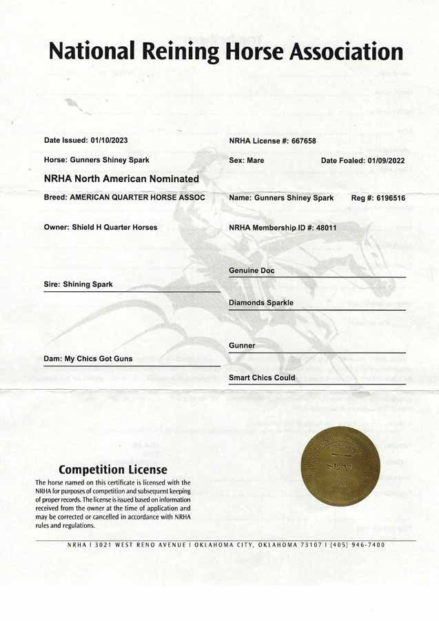 National Reining Horse Association competition license document with a gold seal