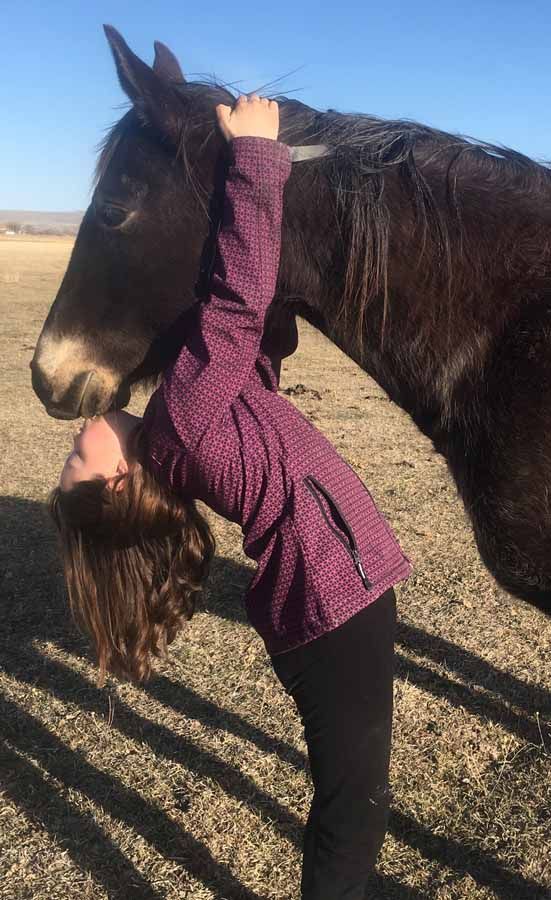 Person in a purple jacket leaning back to kiss a black horse outdoors under a blue sky.