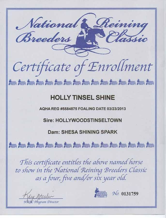 Certificate of Enrollment from the National Reining Breeders Classic for Holly Tinsel Shine