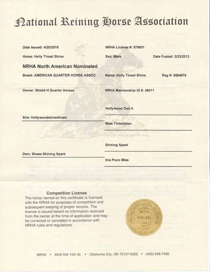 National Reining Horse Association certificate with gold seal on cream paper
