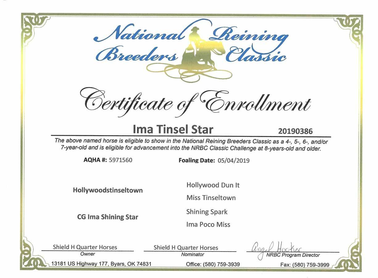 Certificate of Enrollment from National Reining Breeders Classic, with ornate gold border and horse logo