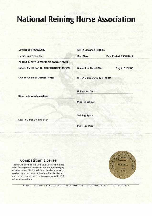 National Reining Horse Association membership certificate with gold seal on cream paper