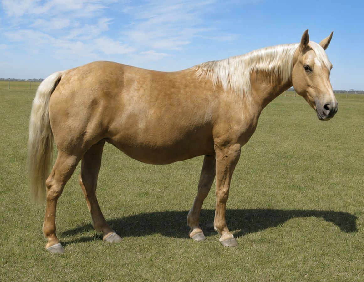 Palomino horse standing on green grass under a clear sky