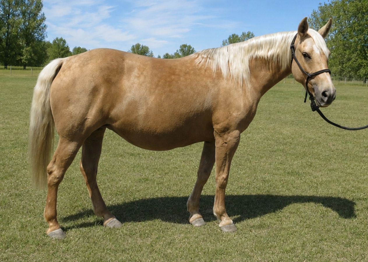 Palomino horse standing on grass with a halter and lead rope, trees and blue sky behind