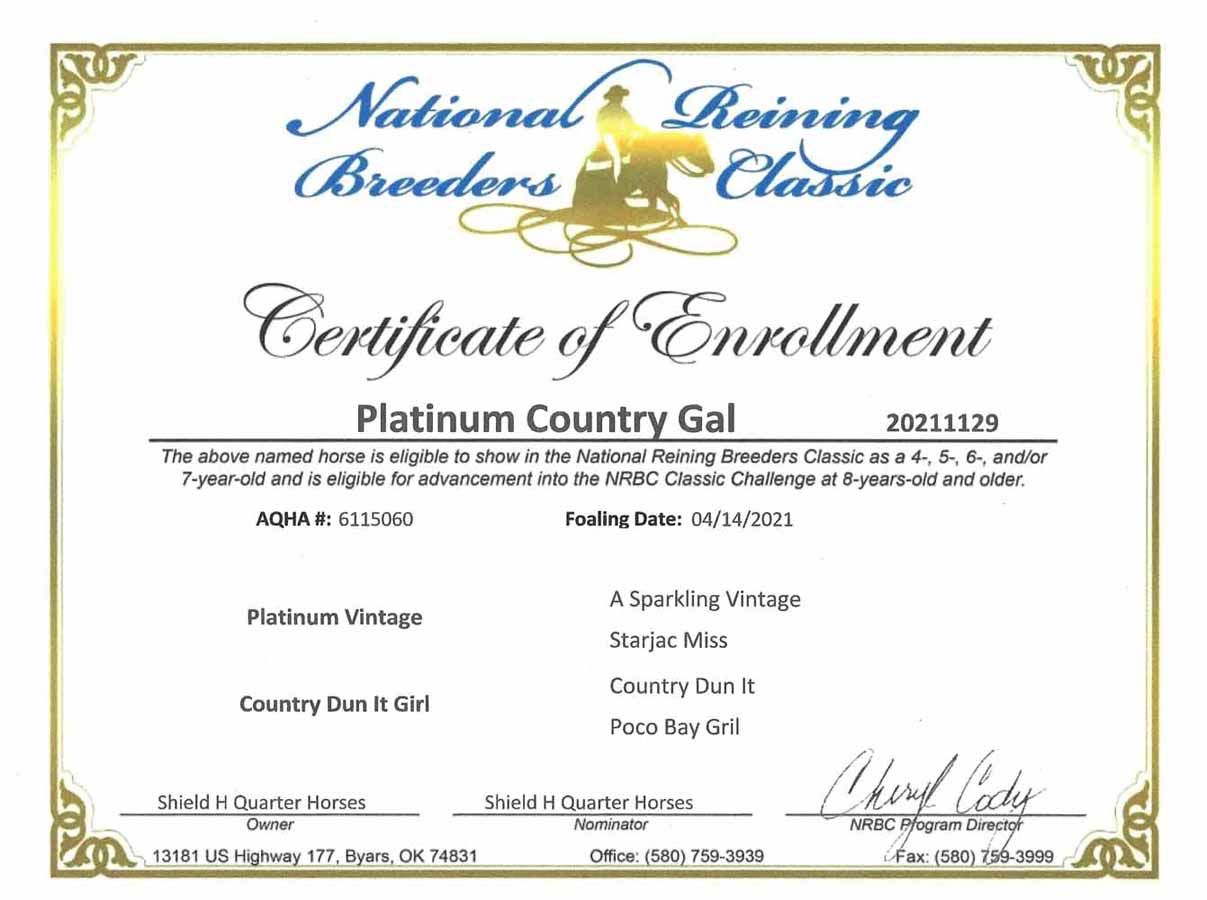 Certificate of Enrollment for Platinum Country Gal from National Reining Breeders Classic