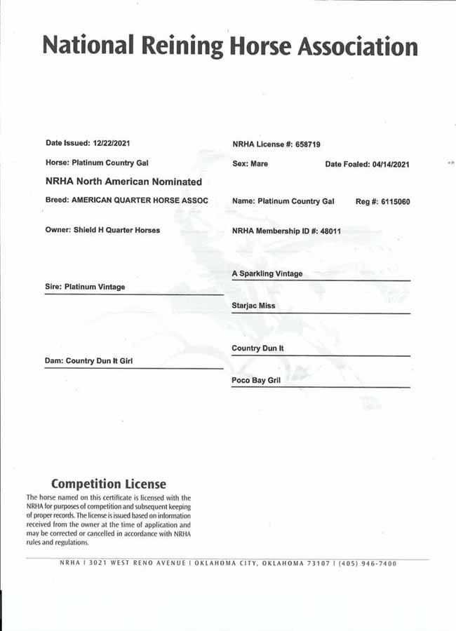 National Reining Horse Association form with typed fields and a competition license section on white paper