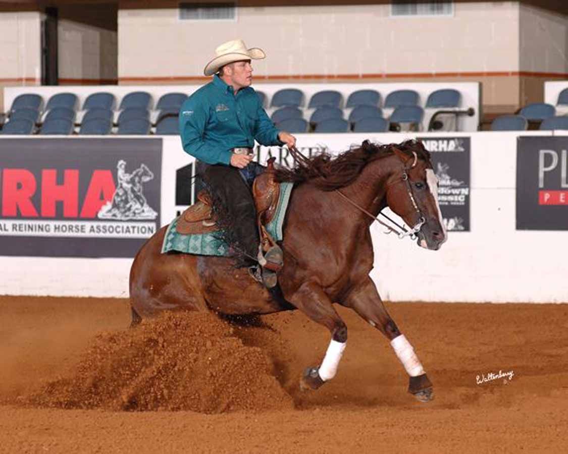 Cowboy in teal shirt riding a brown horse sliding in an indoor reining arena