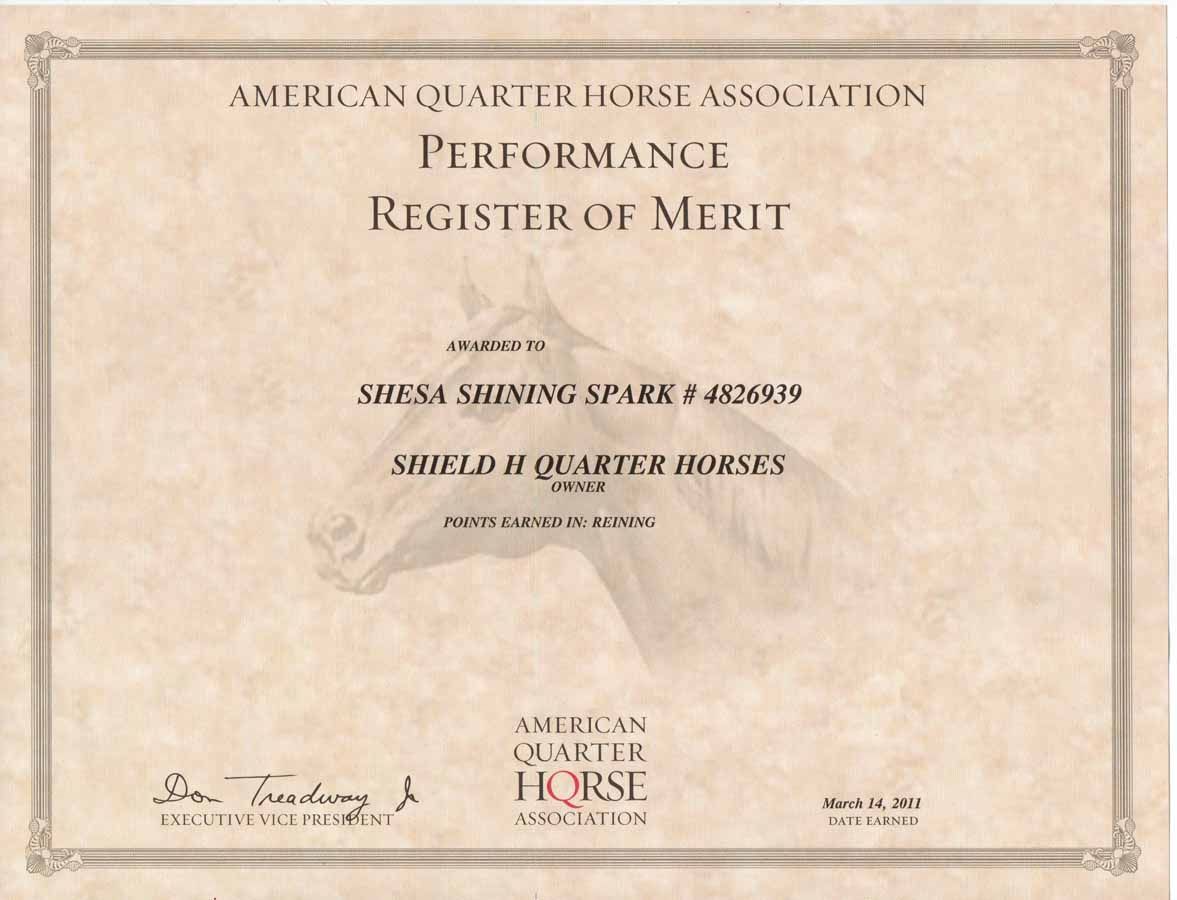 American Quarter Horse Association Performance Register of Merit certificate for Shesa Shining Spark x 450639