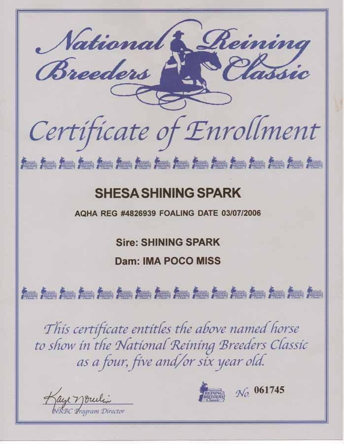 Blue certificate of enrollment for National Reining Breeders Classic, for horse Shesa Shining Spark, with sire and dam listed