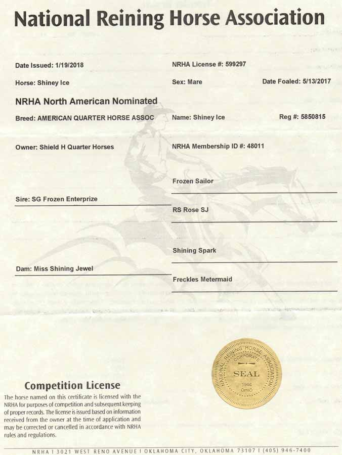 National Reining Horse Association competition license form with printed text and gold seal