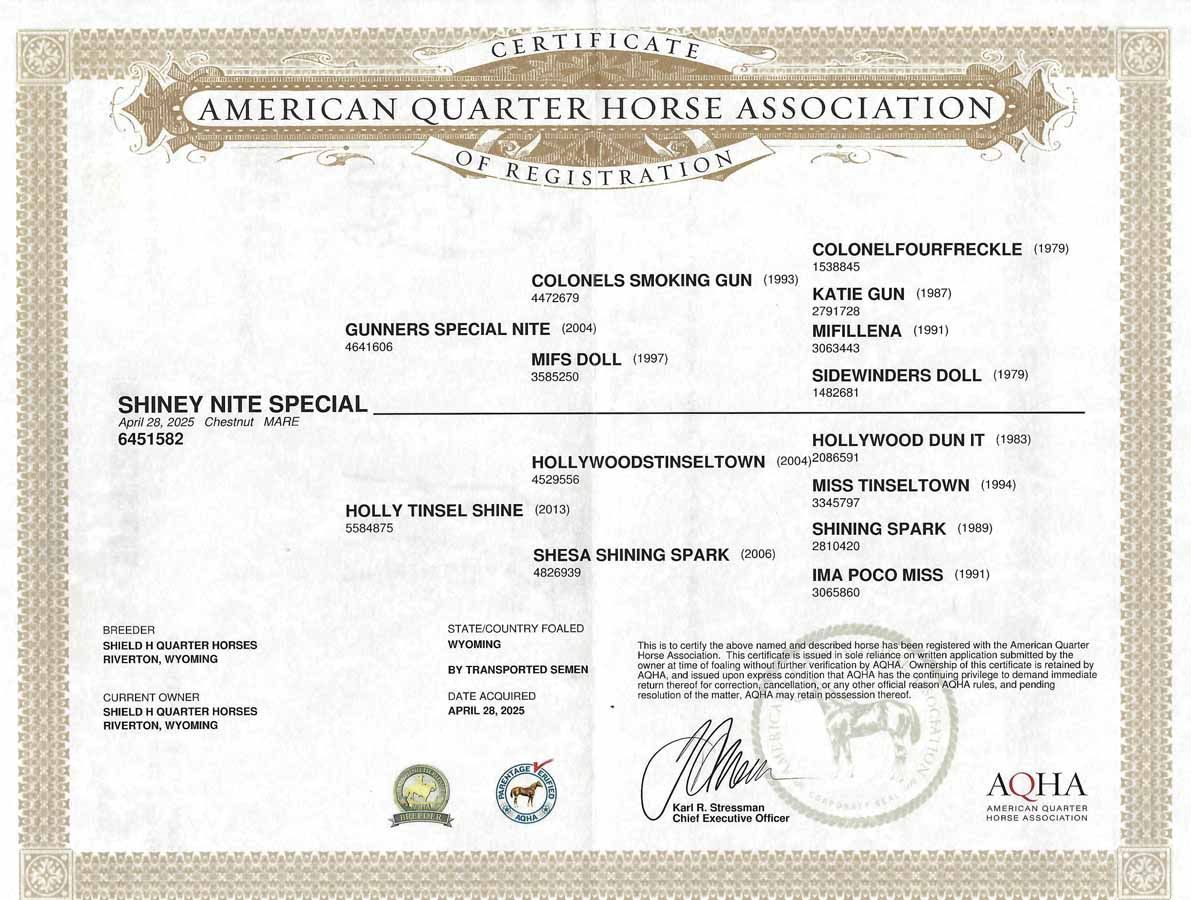 American Quarter Horse Association certificate with decorative border and signatures