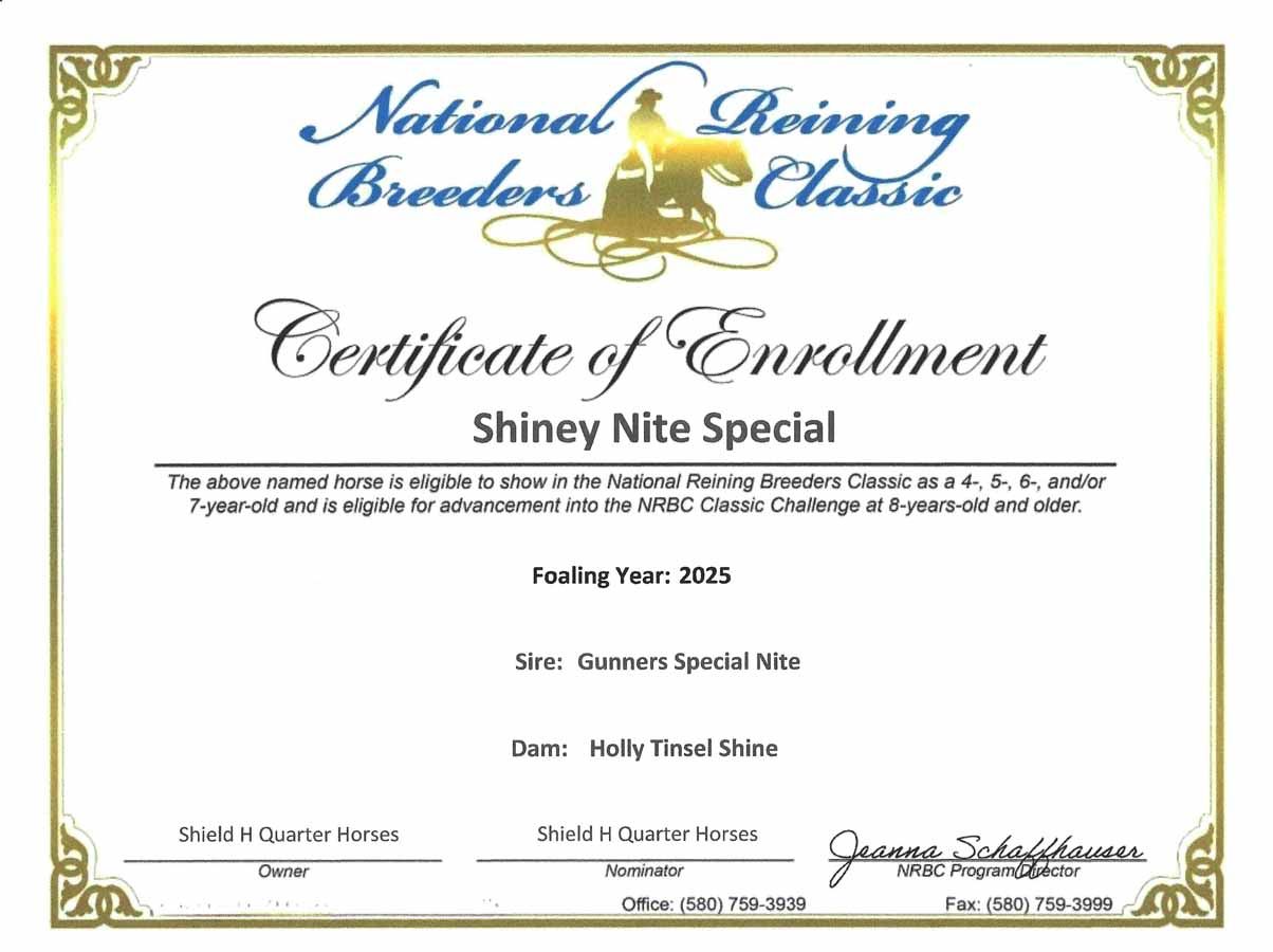 National Reining Breeders Classic certificate of enrollment for Shiney Nite Special, white with gold border