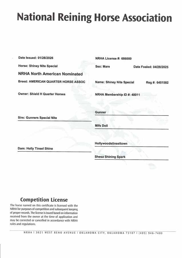 National Reining Horse Association competition license form with blank fields and fine print