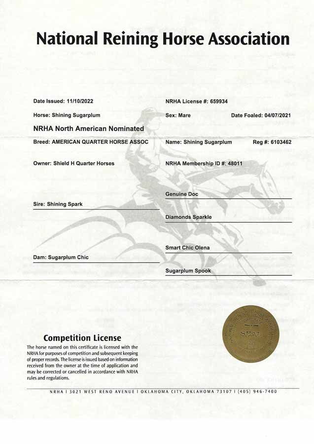 National Reining Horse Association competition license certificate with gold seal and signatures