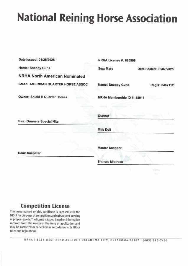 National Reining Horse Association form with handwritten entries and signature lines