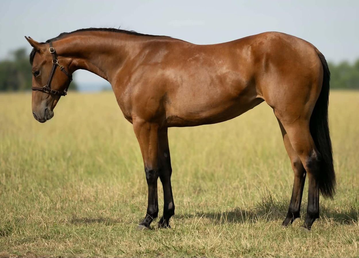 Brown horse standing in a grassy field with its head lowered