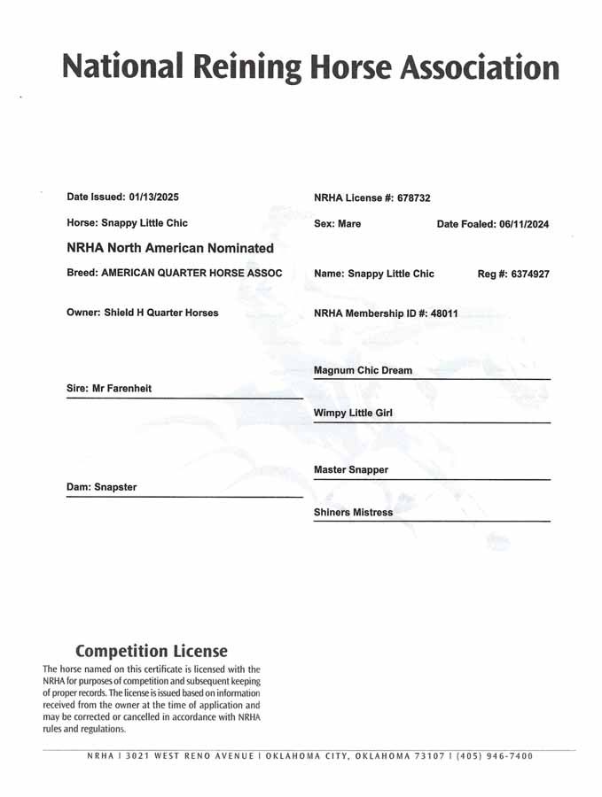 National Reining Horse Association competition license form with fields and signatures
