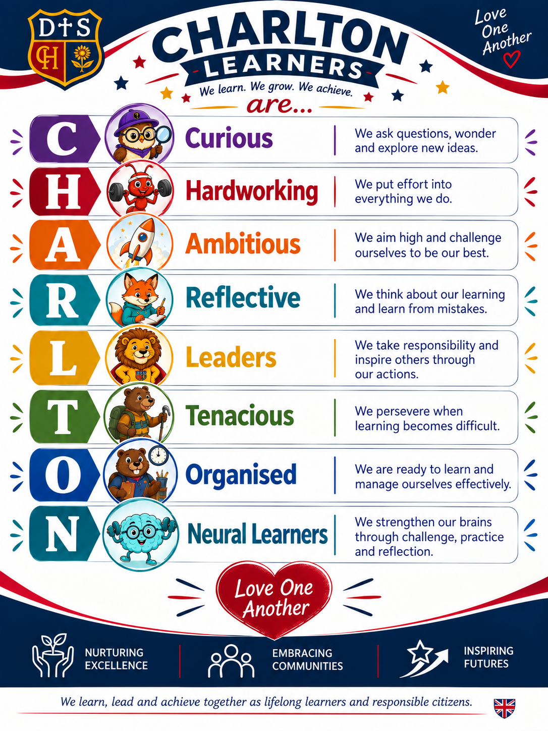 A heart made out of puzzle pieces with the words aspiration curiosity engagement pride resilience teamwork and independence