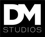 The logo for dm studios is white on a black background.