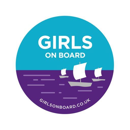 A blue and purple circle that says girls on board