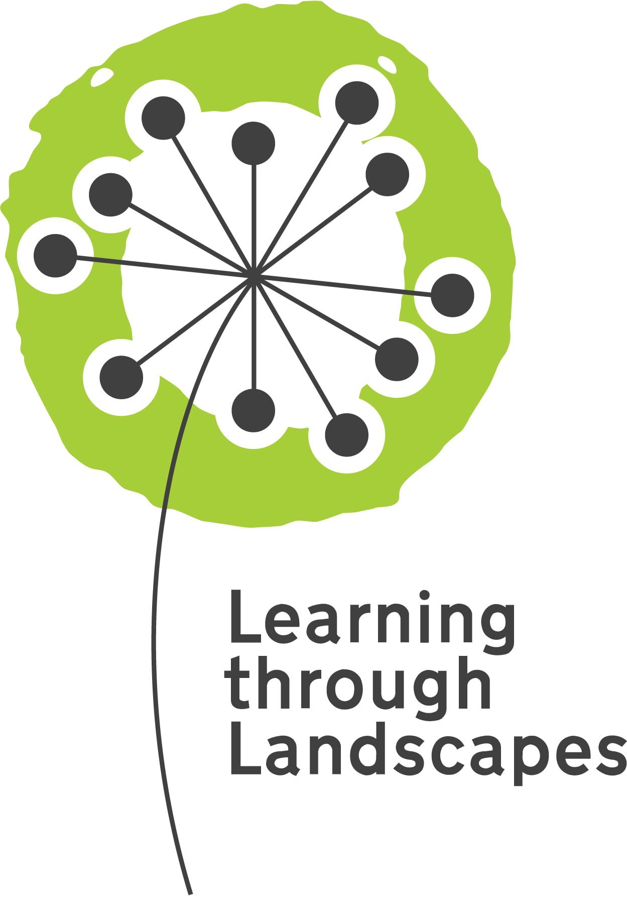 A logo for learning through landscapes with a dandelion in the middle.