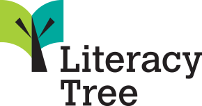 A logo for the literacy tree with a tree and two books.