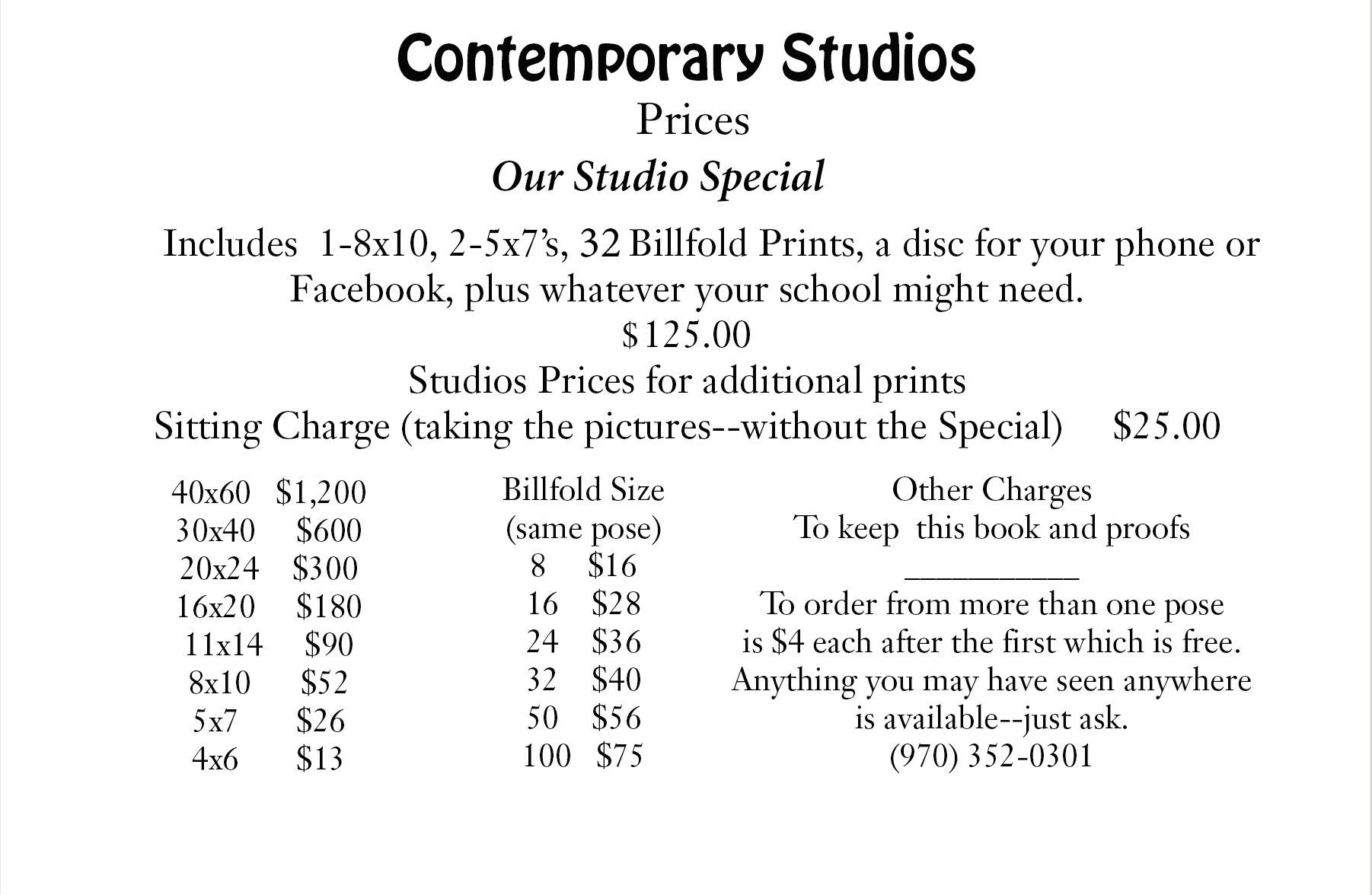 A price list for contemporary studios is shown