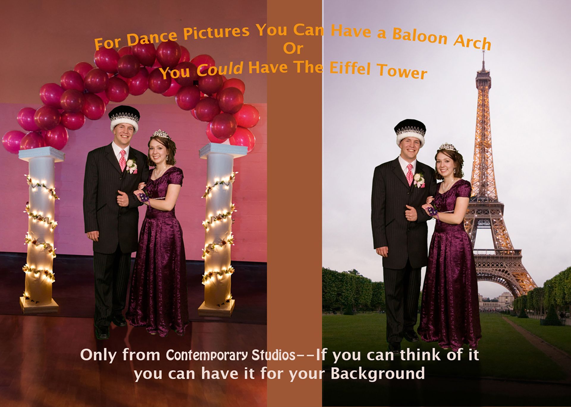 A couple standing in front of a balloon arch and the eiffel tower