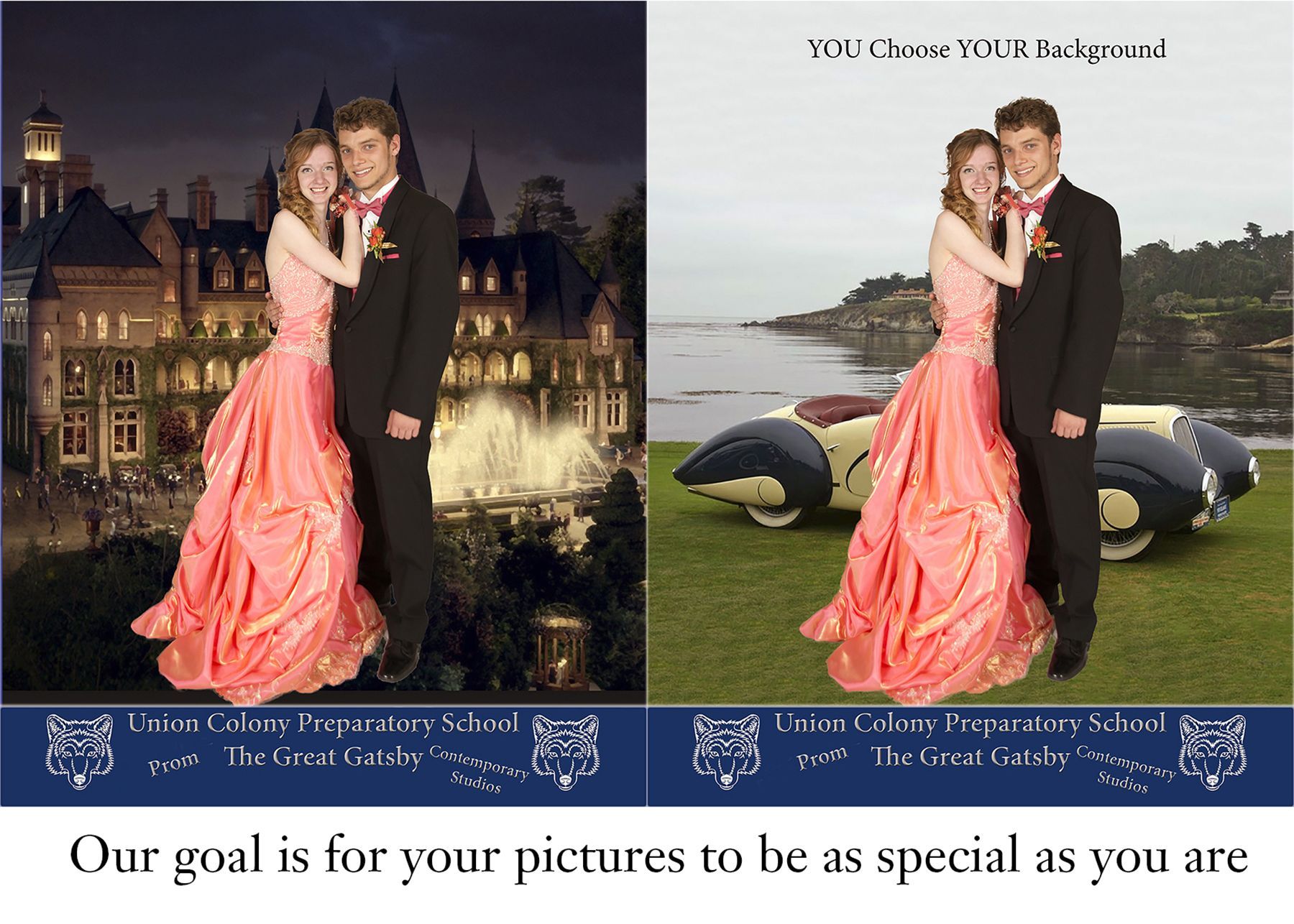 A picture of a man and woman standing next to a car with the caption our goal is for your pictures to be as special as you are
