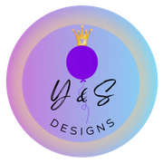 Circular pastel logo with a purple balloon crowned in gold and the text “Y&S DESIGNS”