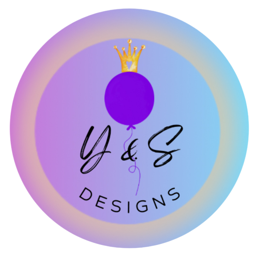 Circular pastel logo with a purple balloon crowned in gold and the text “Y&S DESIGNS”
