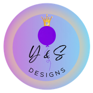 Circular pastel logo with a purple balloon crowned in gold and the text “Y&S DESIGNS”
