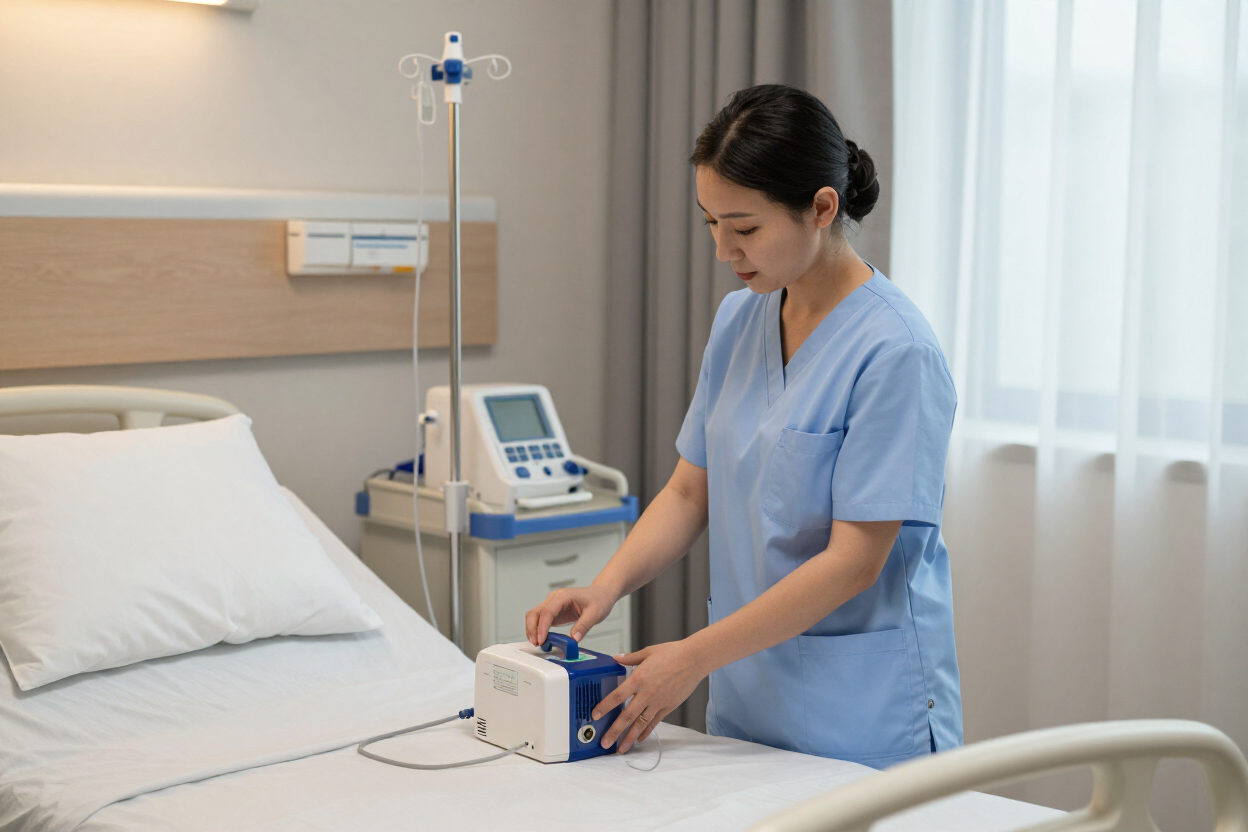 Enfermera con uniforme azul ajustando un dispositivo médico junto a una cama de hospital en una habitación luminosa.