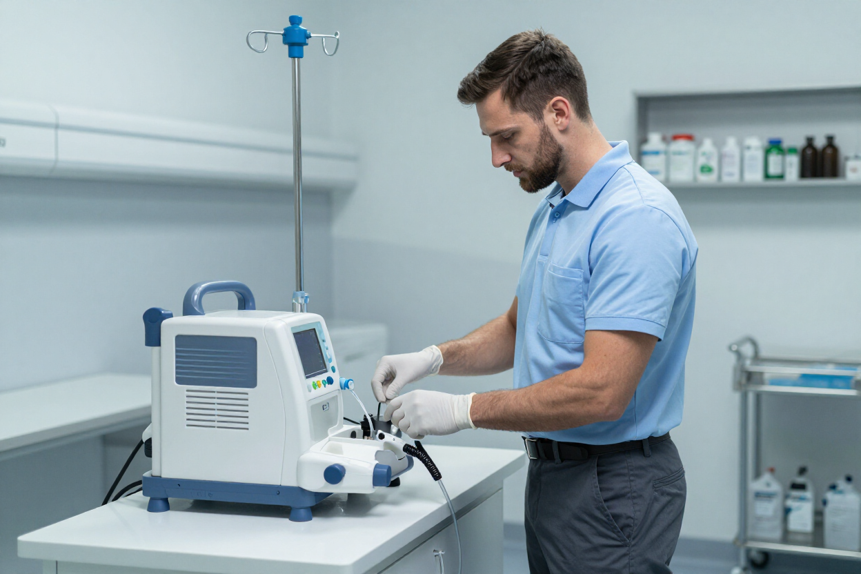 Técnico ajustando un dispositivo médico en una sala clínica con un soporte para suero intravenoso cerca.