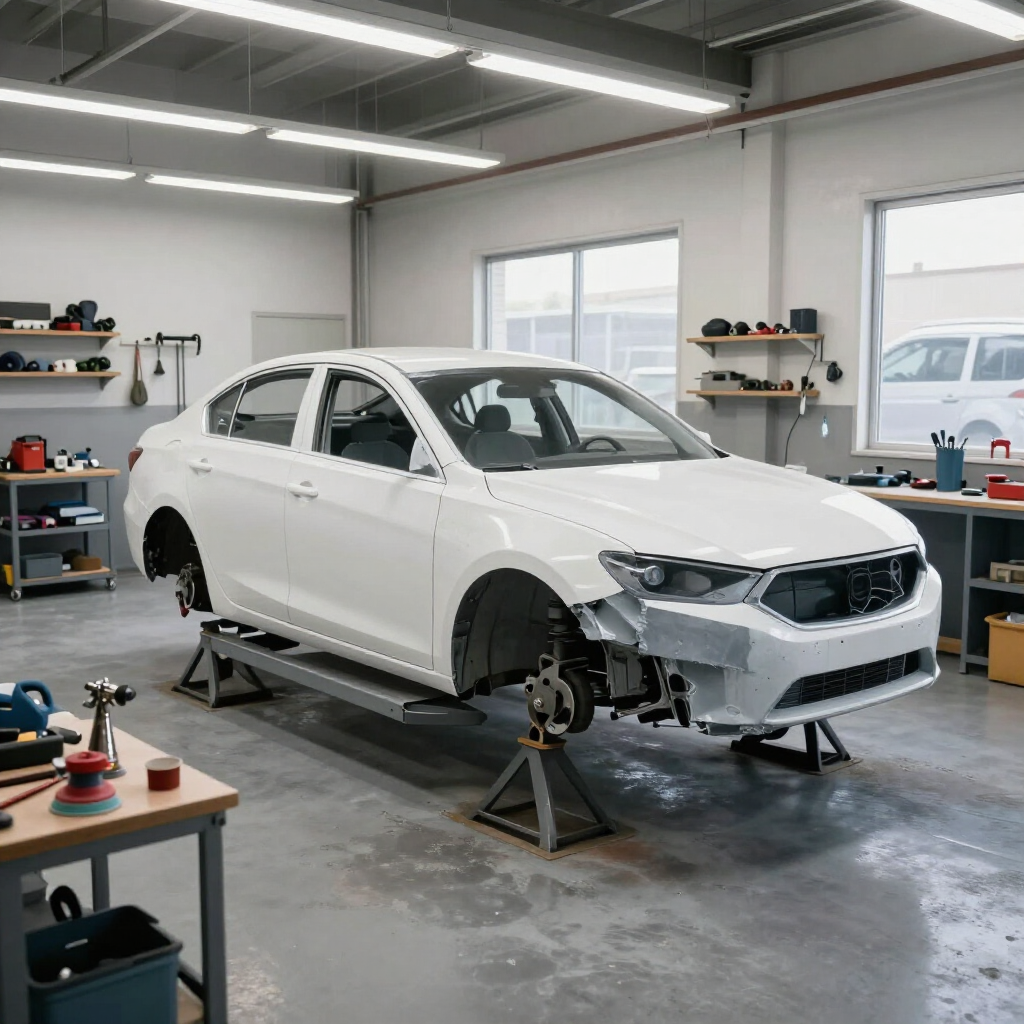 White sedan on jack stands in an auto repair shop, front bumper removed during repairs