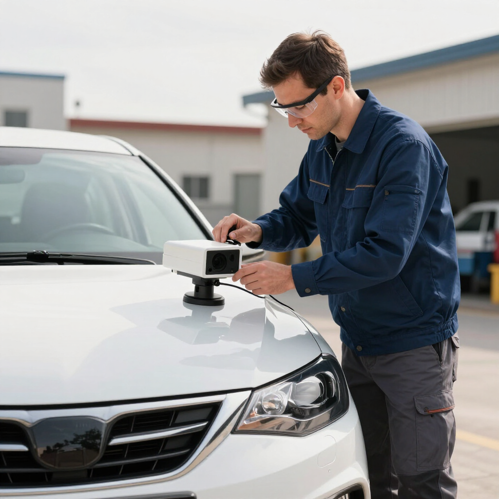 Technician using a handheld scanner to inspect a white car’s front hood in a garage