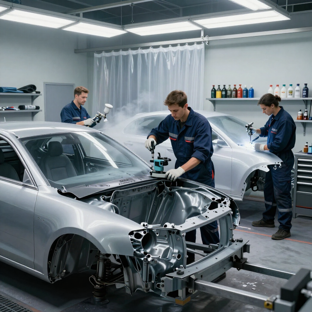 Workers spray-painting silver cars in an auto body shop, with one car missing its front end