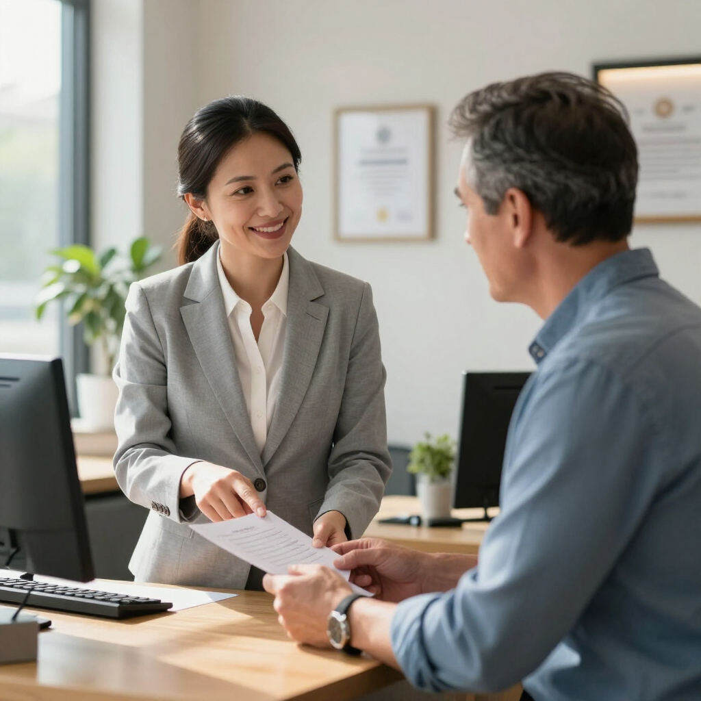 Two coworkers smiling during a document review at a desk in an office