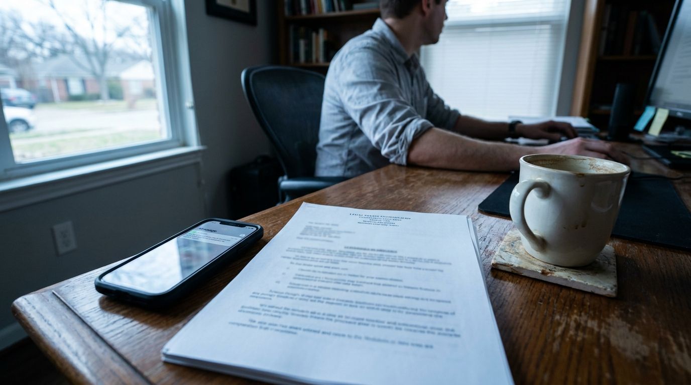 Desk with papers, TV remote, and coffee mug beside a man sitting by a window and working on a laptop.